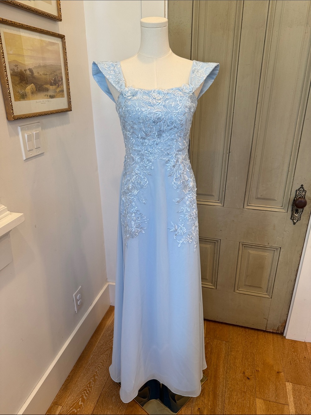 Off-Shoulder Blue Lace-Appliqué Evening Dress